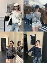 韩系条纹一字肩针织长袖T恤女2025早秋新款休闲蝙蝠袖上衣WR006